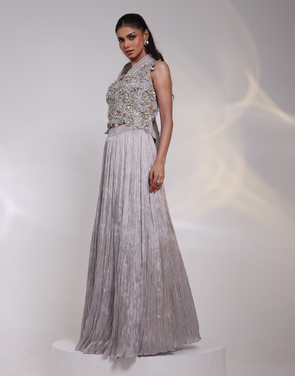 Grey Two-Piece Set With Structured Peplum Bodice 3D Floral Embroidery Sequins and Matching Skirt