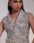 Grey Two-Piece Set With Structured Peplum Bodice 3D Floral Embroidery Sequins and Matching Skirt_3