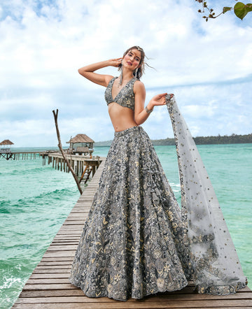 Grey With Full Net Dupatta Coloured Lehengas Timeless Elegance for Every Celebration - Rent