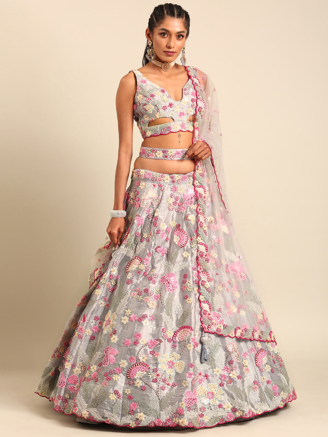 Grey With Net Dupatta Coloured Lehengas Timeless Elegance for Every Celebration - Rent