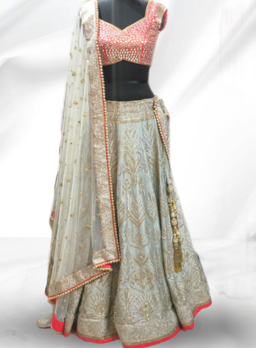 Grey and Rani Full Handwork Embellished Lehenga Choli- Rent