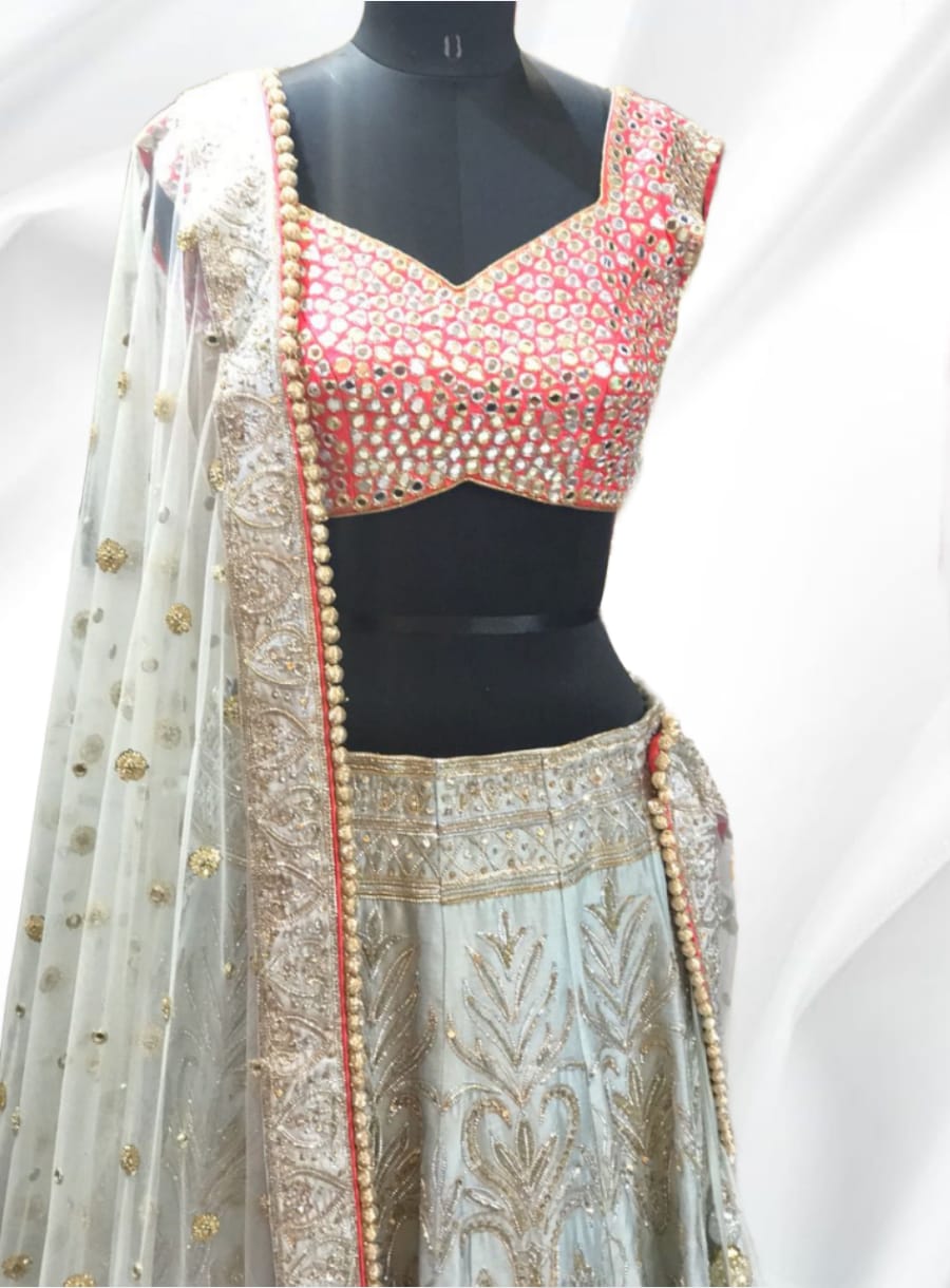 Grey and Rani Full Handwork Embellished Lehenga Choli- Rent