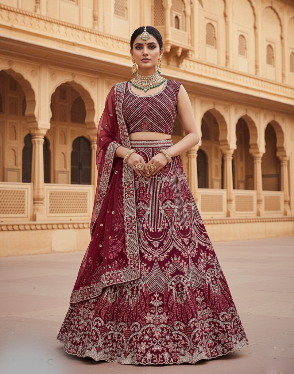 Hand Embellished Maroon Silk Lehenga Blouse Set with Net Dupatta Wedding & Occasion Wear - Buy