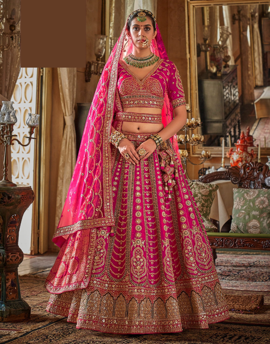 Handcrafted Art Silk Lehenga Set with Pearl, Zari & Sequin Detailing Net Dupatta Ensemble - Buy