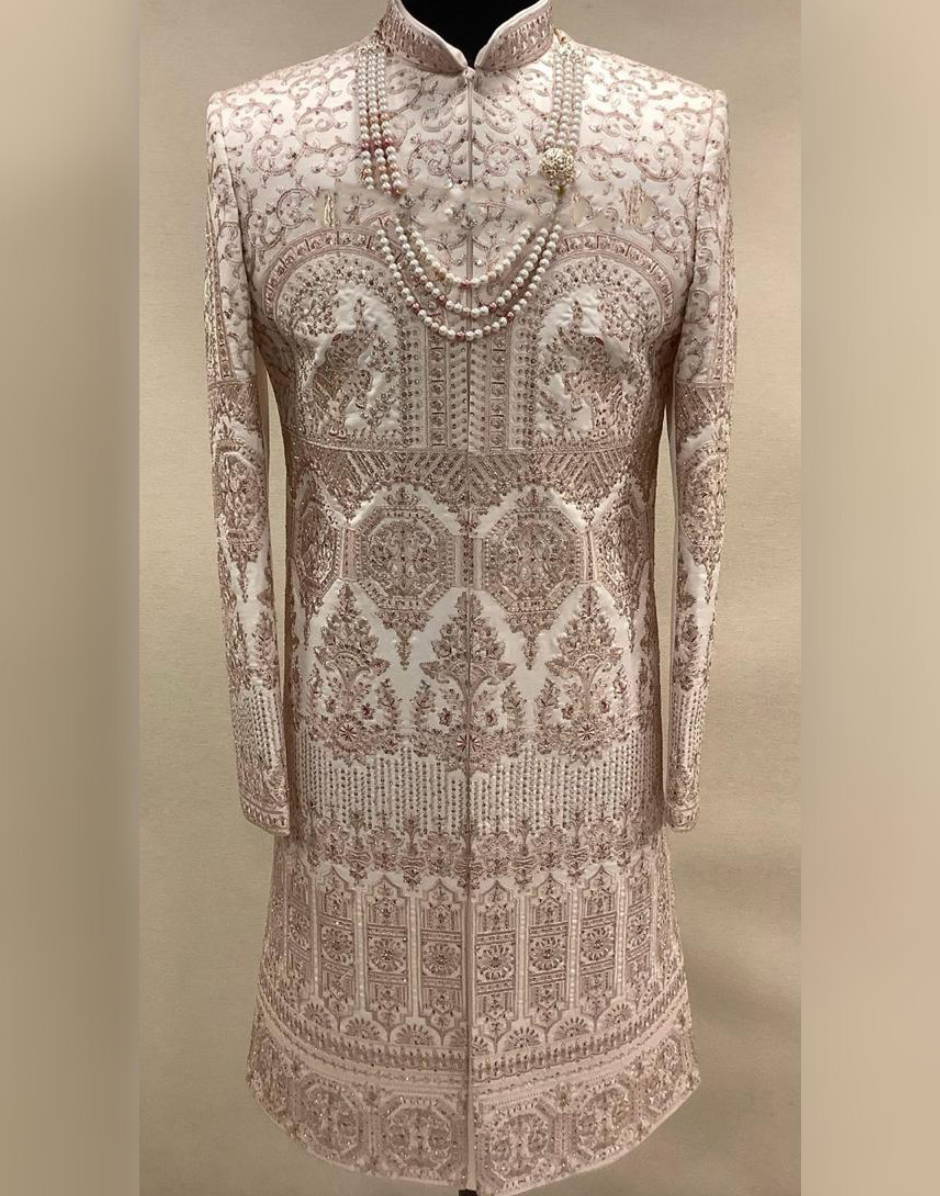 Handcrafted Fawn Embroidered Sherwani Set with Artisan Detailing