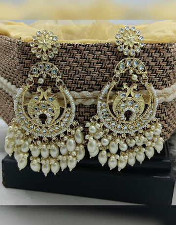 Handcrafted Golden Kundan Jhumka Earrings with Pearls Stunning Traditional Design