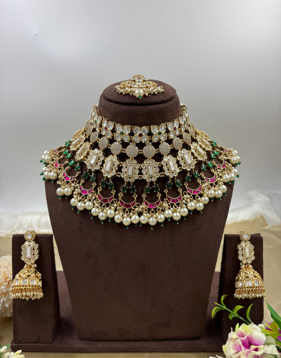 Handcrafted Moissanite Kundan & Pearl Choker Luxe Bridal Necklace Set