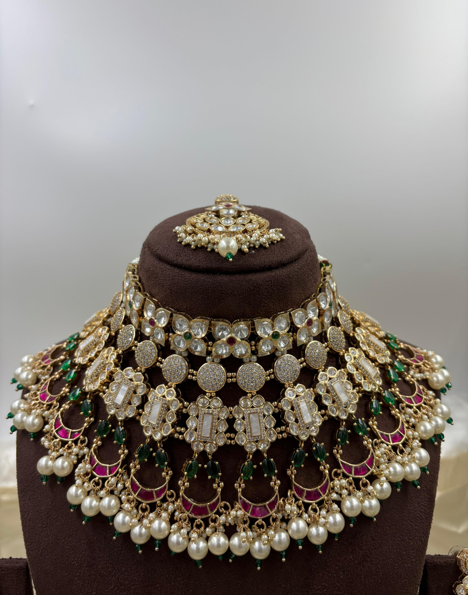 Handcrafted Moissanite Kundan & Pearl Choker Luxe Bridal Necklace Set_2