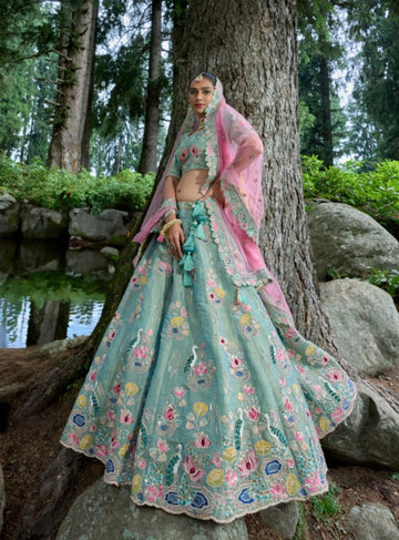 Heavy Embroidery Trendy Motif Blue Lehenga Choli - Rent