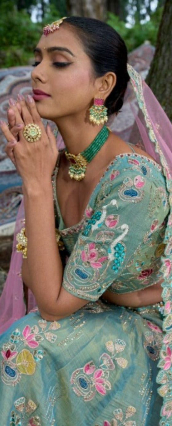 Heavy Embroidery Trendy Motif Blue Lehenga Choli - Rent