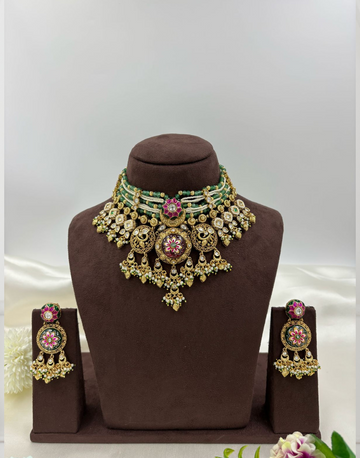 Heavy Kundan Necklace with Enamelled Pink & Green Beads Bridal Jewelry Set with Earrings