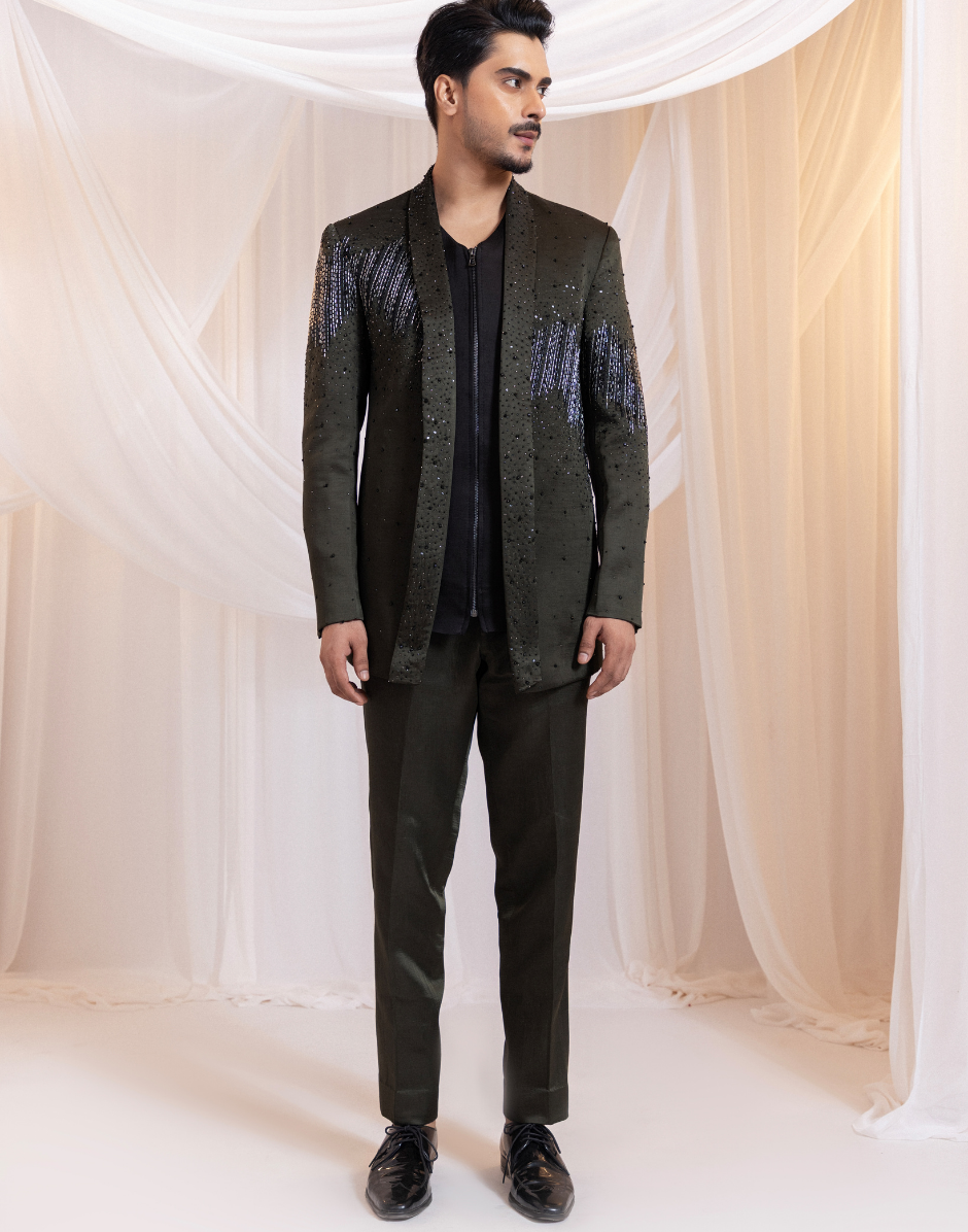 Hunter Noir Dark Green Embellished Three-Piece Suit Beaded Blazer, Satin Waistcoat & Tailored Pants
