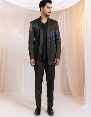 Hunter Noir Dark Green Embellished Three-Piece Suit Beaded Blazer, Satin Waistcoat & Tailored Pants
