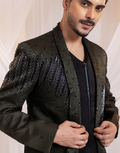 Hunter Noir Dark Green Embellished Three-Piece Suit Beaded Blazer, Satin Waistcoat & Tailored Pants_1