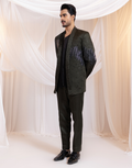 Hunter Noir Dark Green Embellished Three-Piece Suit Beaded Blazer, Satin Waistcoat & Tailored Pants_3