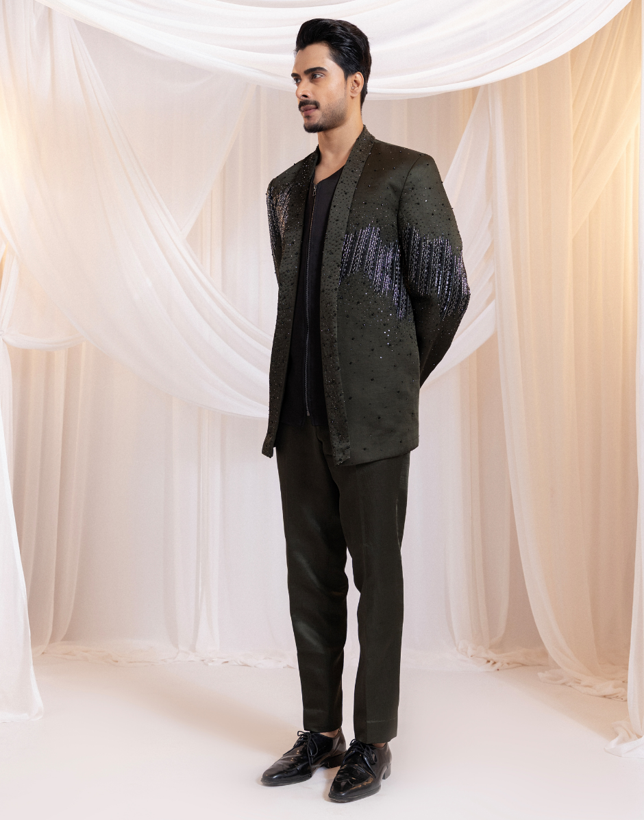 Hunter Noir Dark Green Embellished Three-Piece Suit Beaded Blazer, Satin Waistcoat & Tailored Pants_3