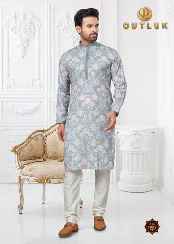 Men's Blue Floral Print Kurta Payjama - Rent