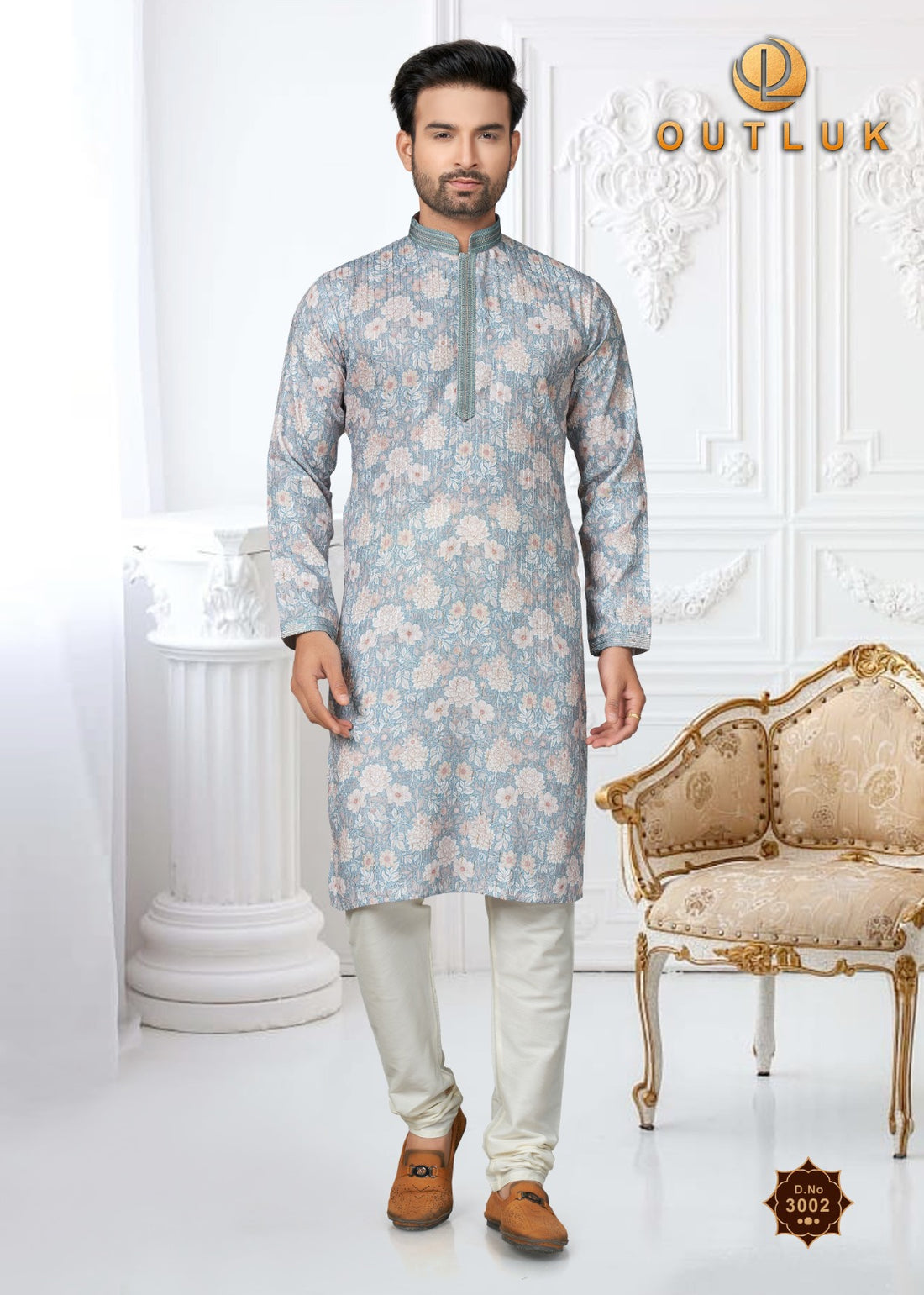 Men's Blue Floral Print Kurta Payjama - Rent