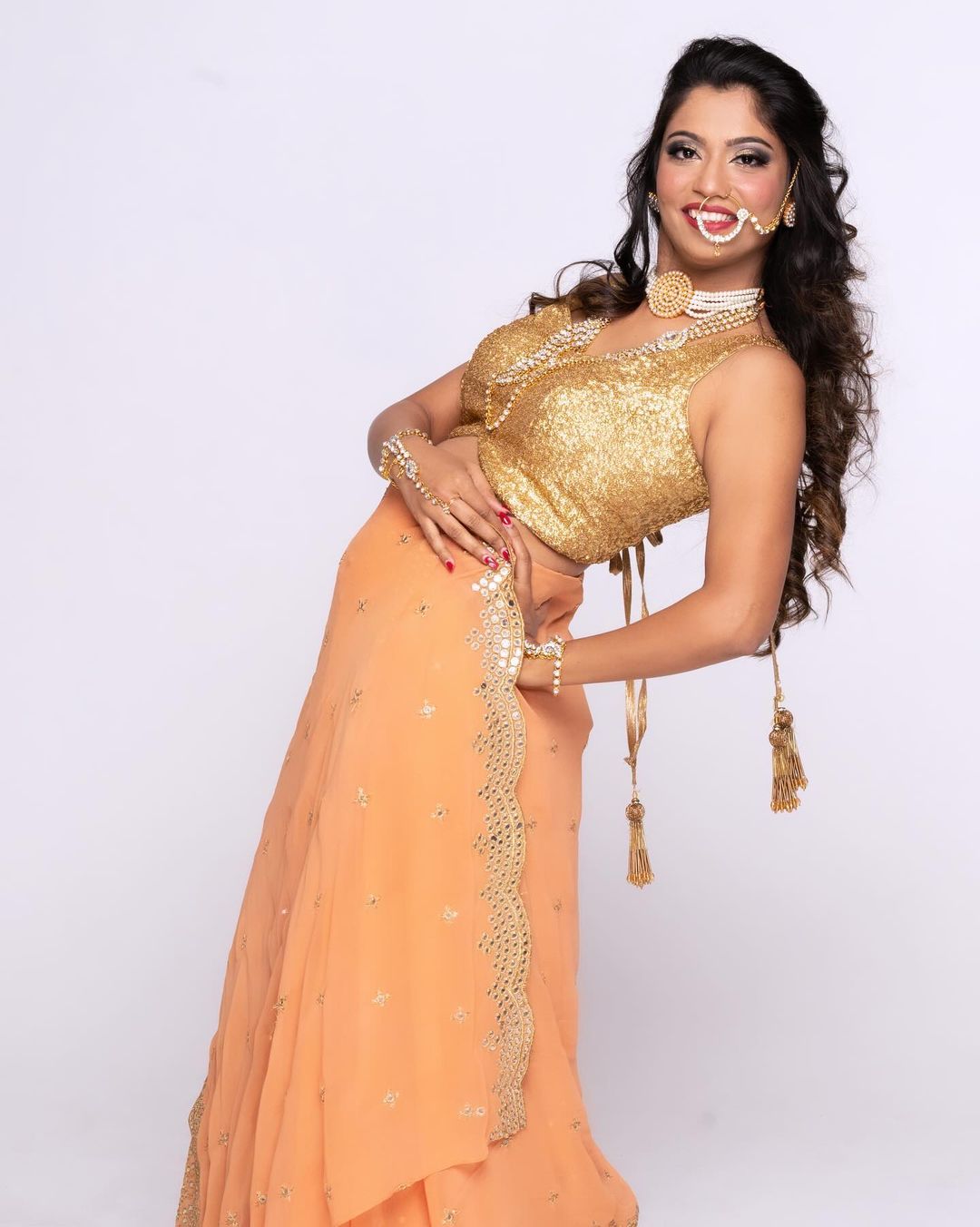 Gold Sequin Blouse with Orange Mirror Work Lehenga - Rent