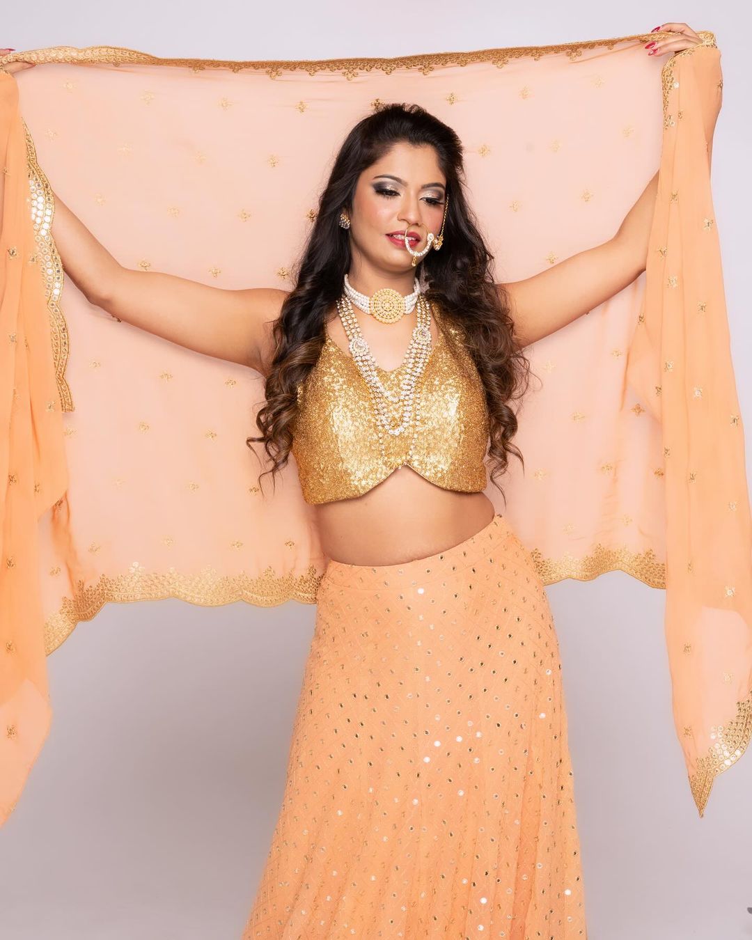 Gold sequin blouse with Orange  Lehenga Choli In Georgette With mirror work Embroidered Border - Rent