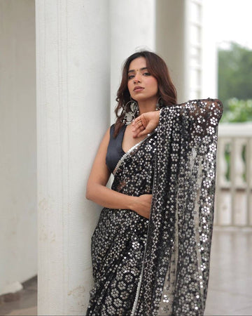 Celebrity Inspired Black Sequin Embroidered Saree Faux Georgette - Rent