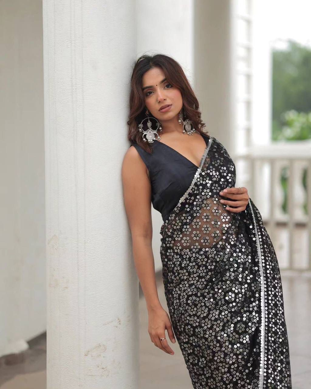 Celebrity Inspired Black Sequin Embroidered Saree Faux Georgette - Rent