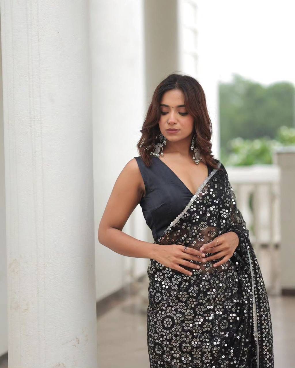 Celebrity Inspired Black Sequin Embroidered Saree Faux Georgette - Rent