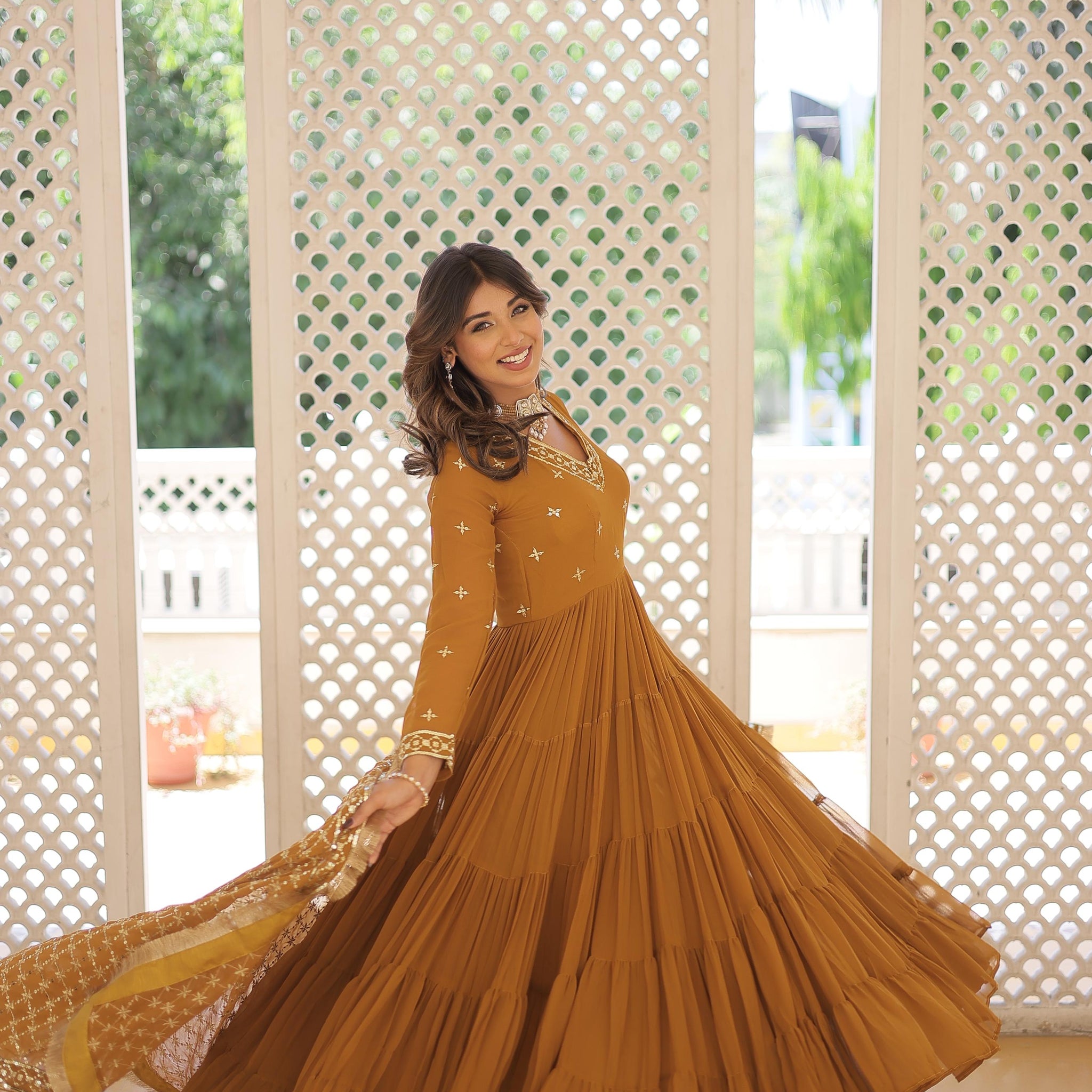 Unique  Mustard Colour Faux Georgette with Embroidered work - Rent