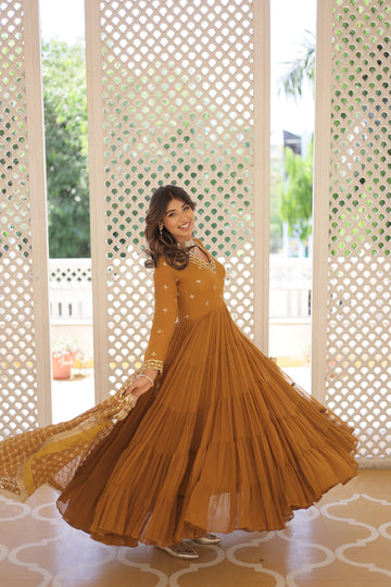 Unique  Mustard Colour Faux Georgette with Embroidered work - Rent