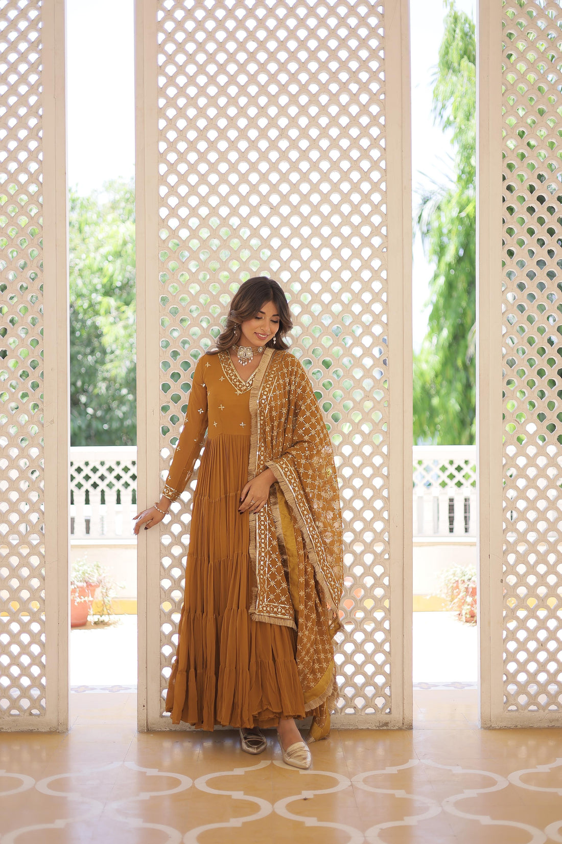 Unique  Mustard Colour Faux Georgette with Embroidered work - Rent