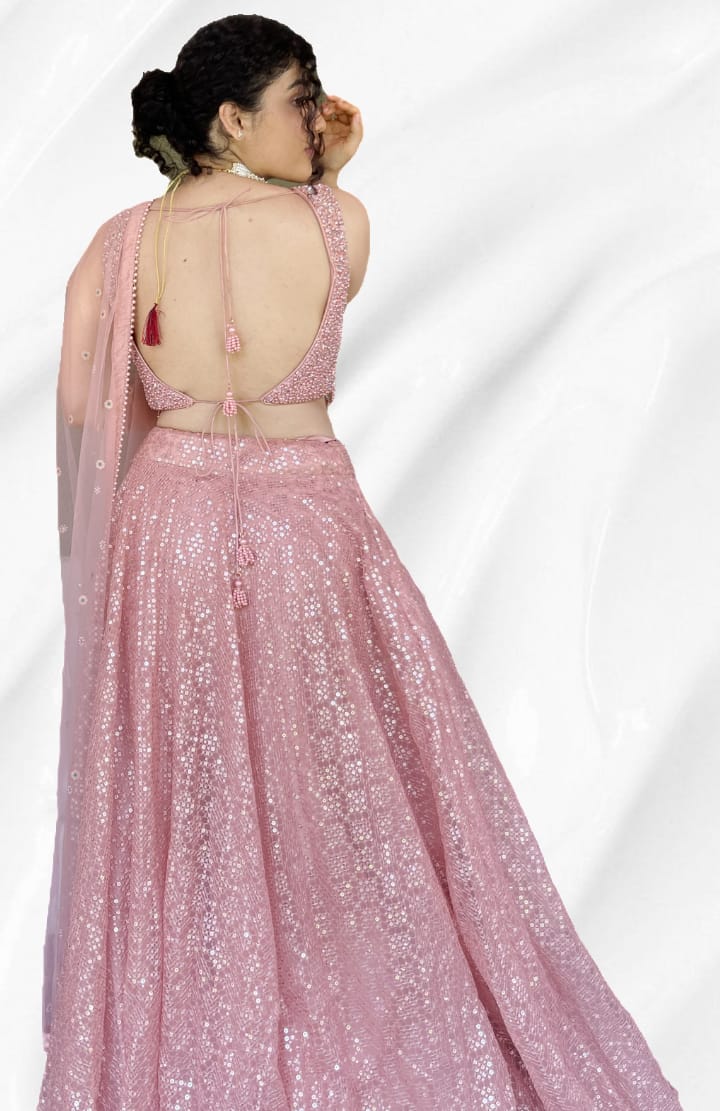 Stunning Mauve Pink Sequin Net Embroidery Lehenga - Rent