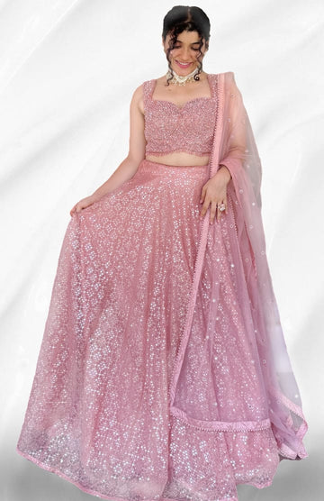 Stunning Mauve Pink Sequin Net Embroidery Lehenga - Rent