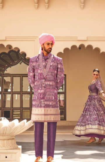 Purple Smooth Patola Printed Kurta & Paithani Border With Pent  - Rent