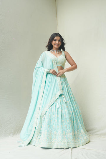 Delicate Beauty in Pastel Blue Lehenga - Rent