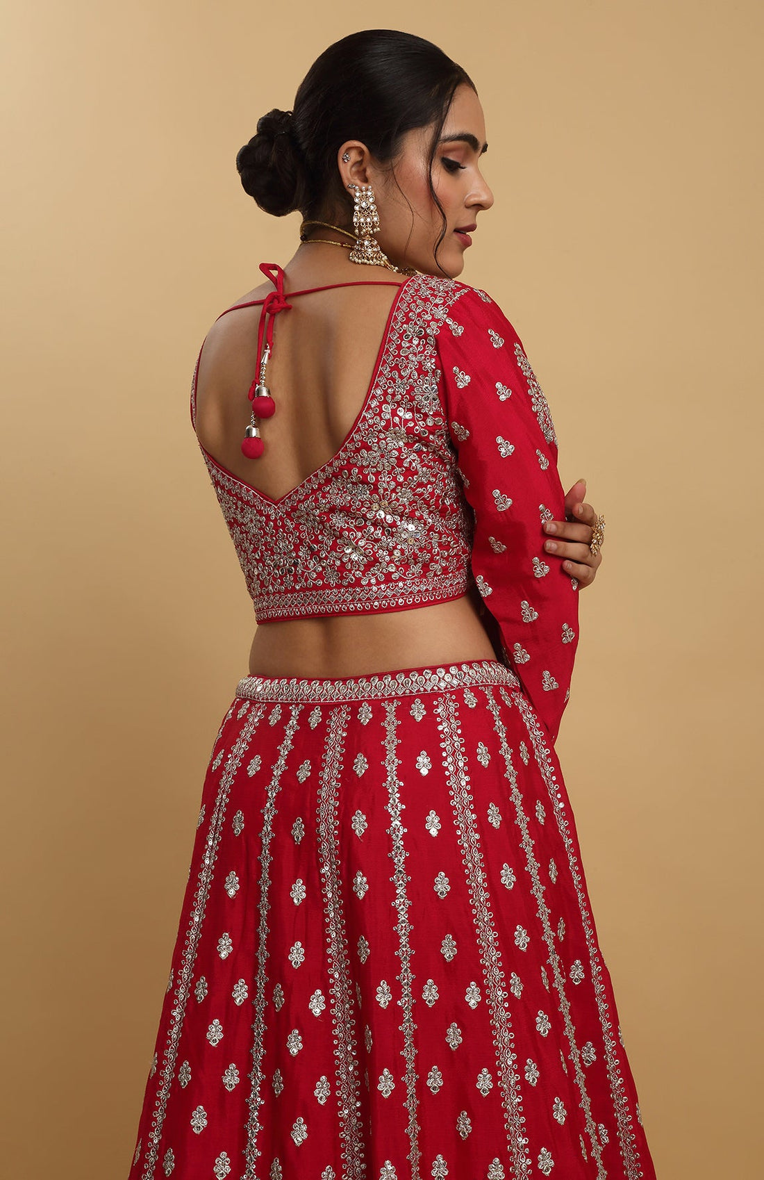 Red Net  Embroidered Sequin And Zari Work Leaf   Humsa Embroidered Lehenga Set - Rent