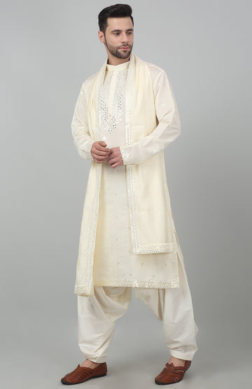 Cream Taraana Kurta Dupatta Patiala  Set - Rent