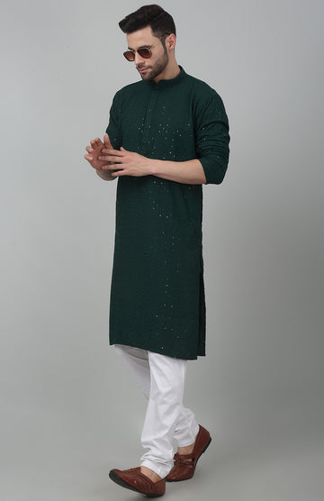 Green Cotton Embroidered Thread And Sequin Work &amp; Kurta Set For Men - Rent