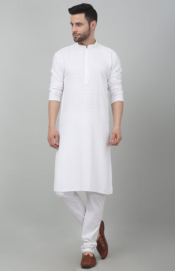 White Checkered Thread Embroidered Kurta Set - Rent