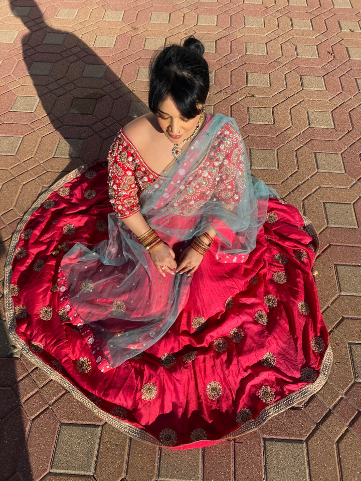 Red Floral Embroidery Lehenga & Choli - Rent