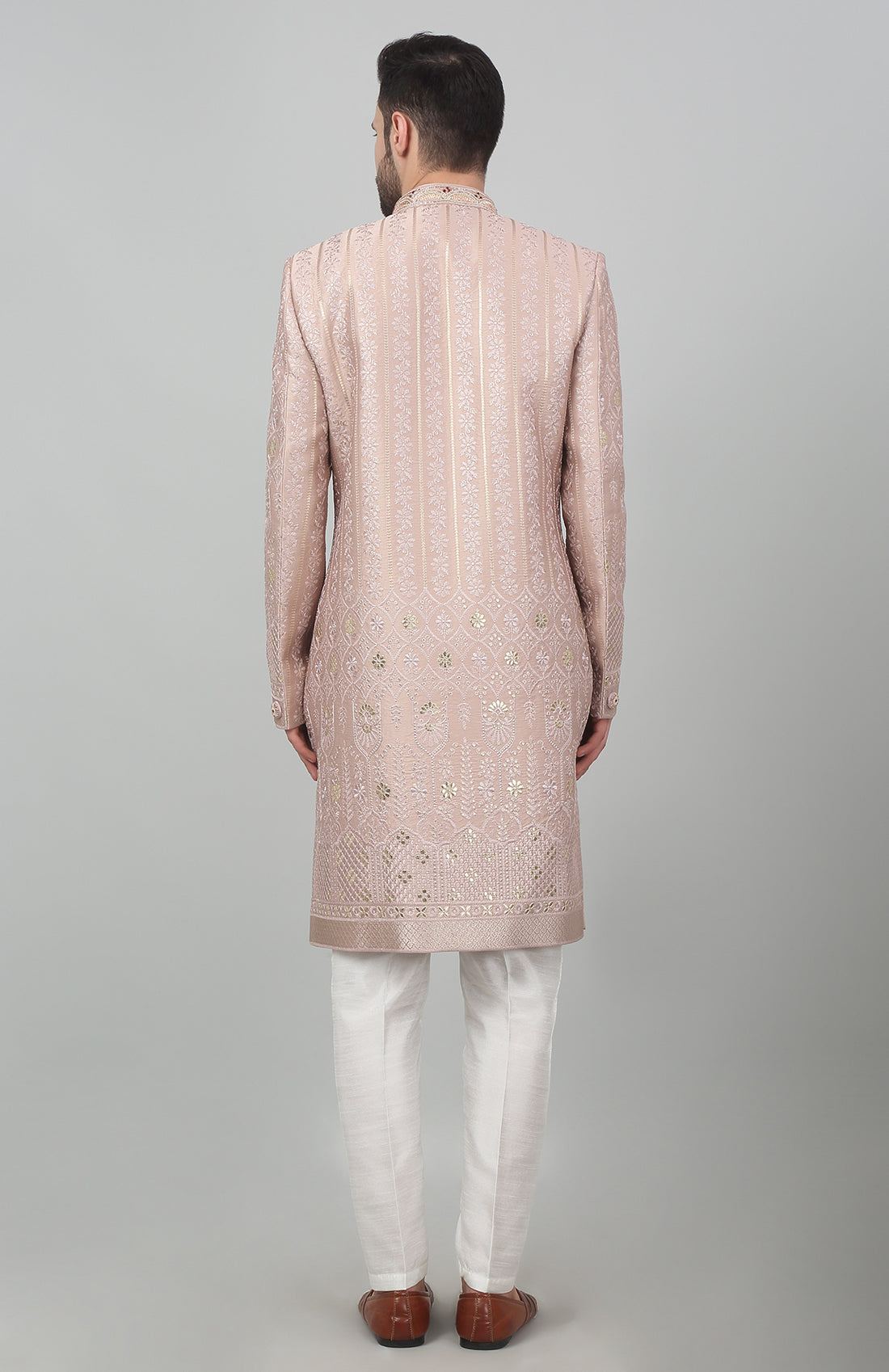 Pastel Dark Pink Cotton Embroidered Thread Gulposh Sherwani Set   - Rent