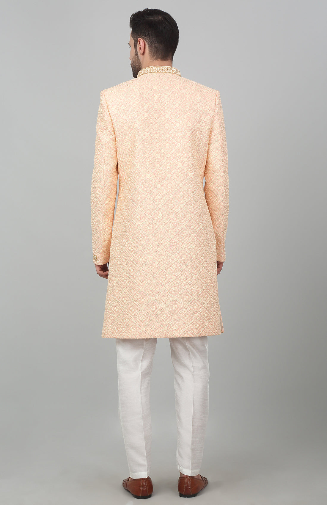 Peach Cotton Embroidered Thread Seher Sherwani Set  - Rent