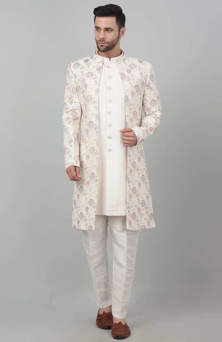 White Cotton Embroidered Thread And Sequin Work Gulnazm Sherwani Set  - Rent