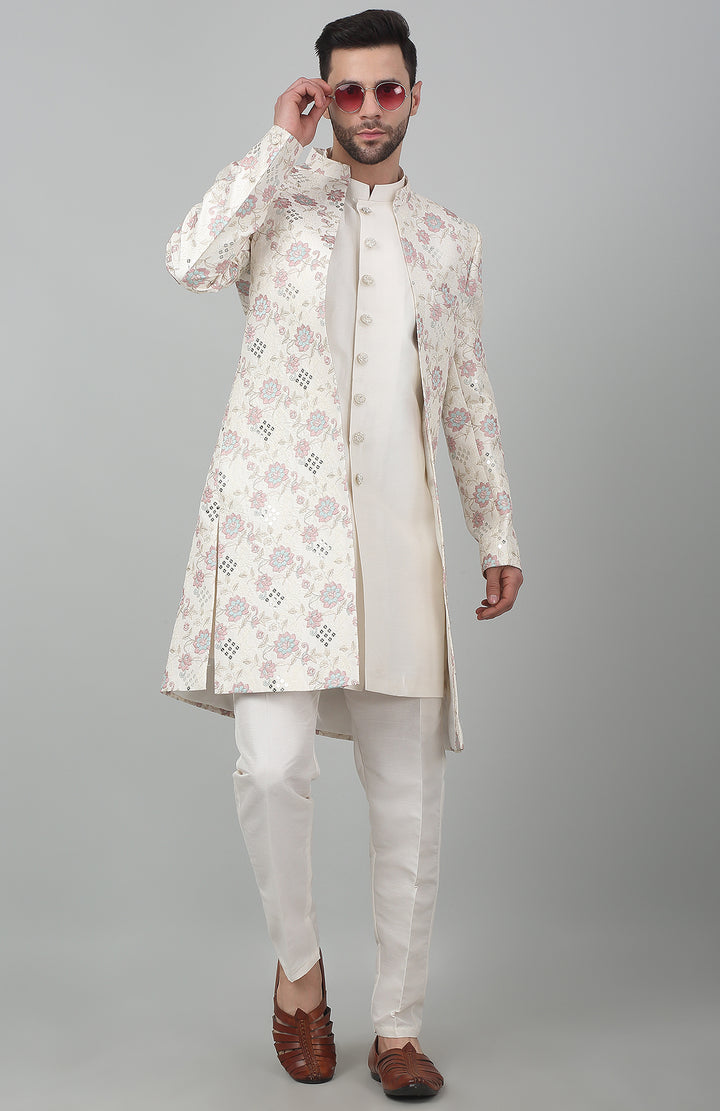 White Cotton Embroidered Thread And Sequin Work Gulnazm Sherwani Set  - Rent