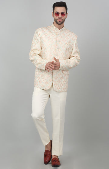 Ivory Cotton Embroidered Thread Firdaus Bandhgala For Men   - Rent