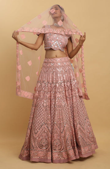 Pink Net Embroidered Mirror Leaf Snehashish Blouse Bridal Lehenga Set - Rent