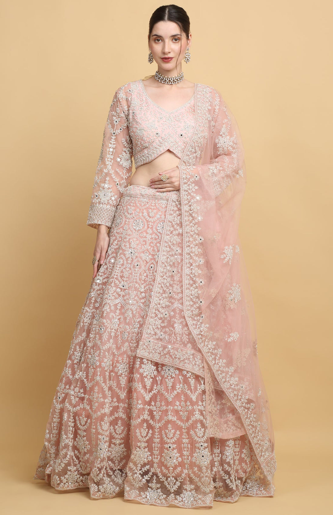 Pink Net Embroidered Floral Leaf Neck Suhavana Bridal Lehenga Set  - Rent