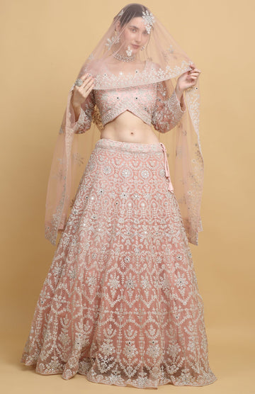 Pink Net Embroidered Floral Leaf Neck Suhavana Bridal Lehenga Set  - Rent