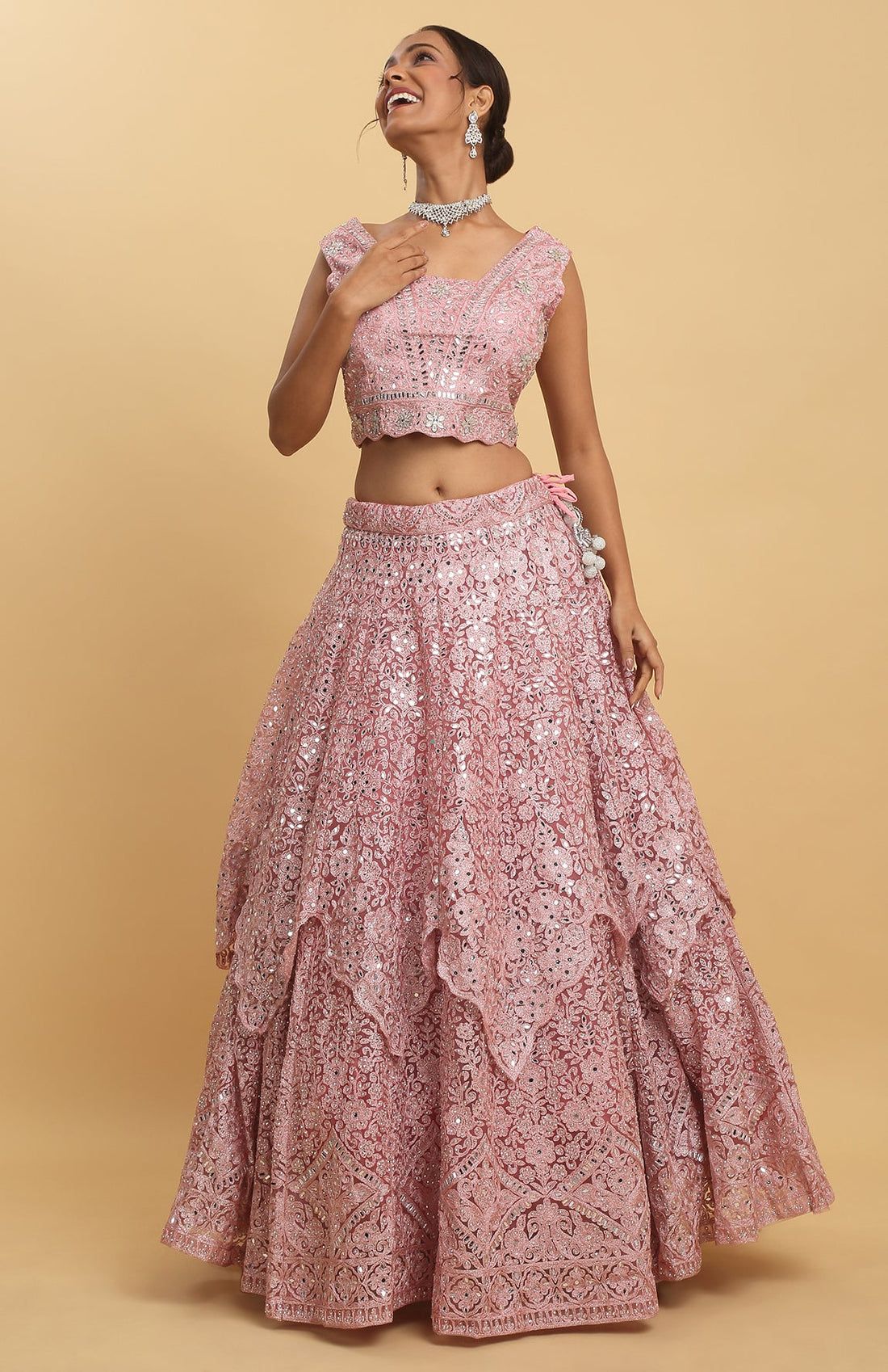 Pink Net Utsav Embroidered Lehenga Set - Rent