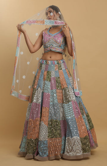 Multi Color Net Embroidered Mirror  Divyam Embroidered Lehenga Set - Rent