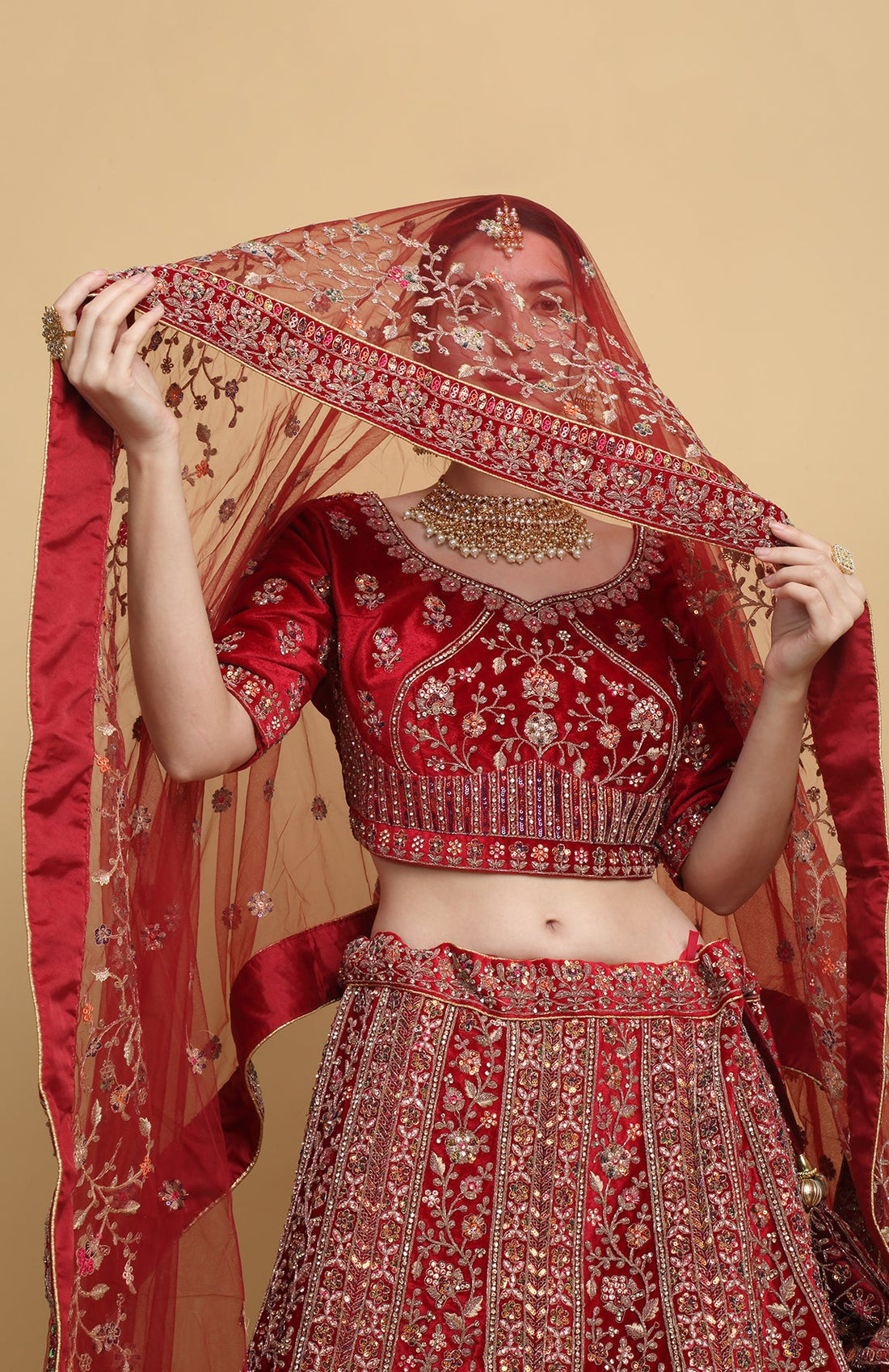 Red Lehenga And Blouse Cotton Velvet  Bridal Set - Rent